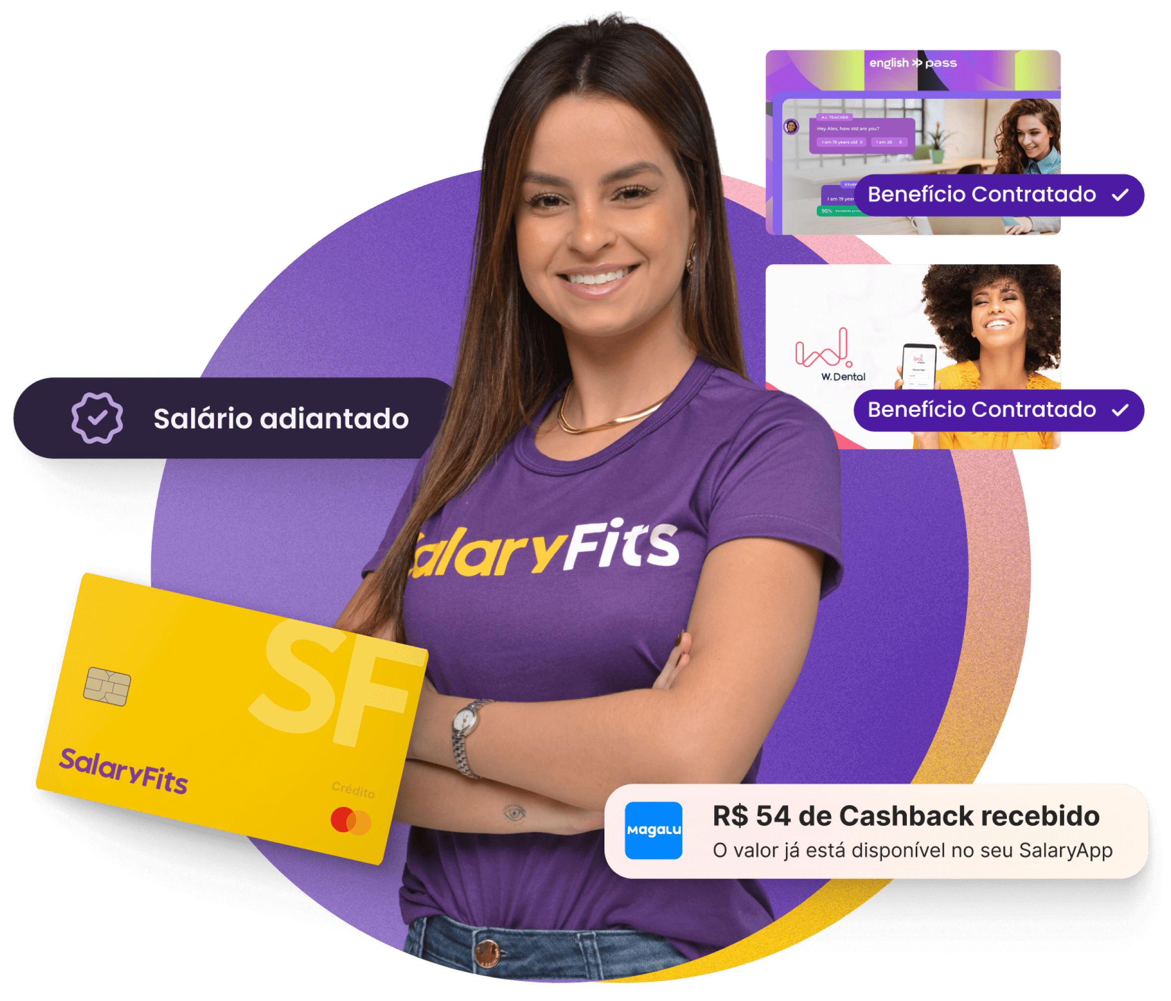 Foto de uma colaboradora com vários benefícios ao redor