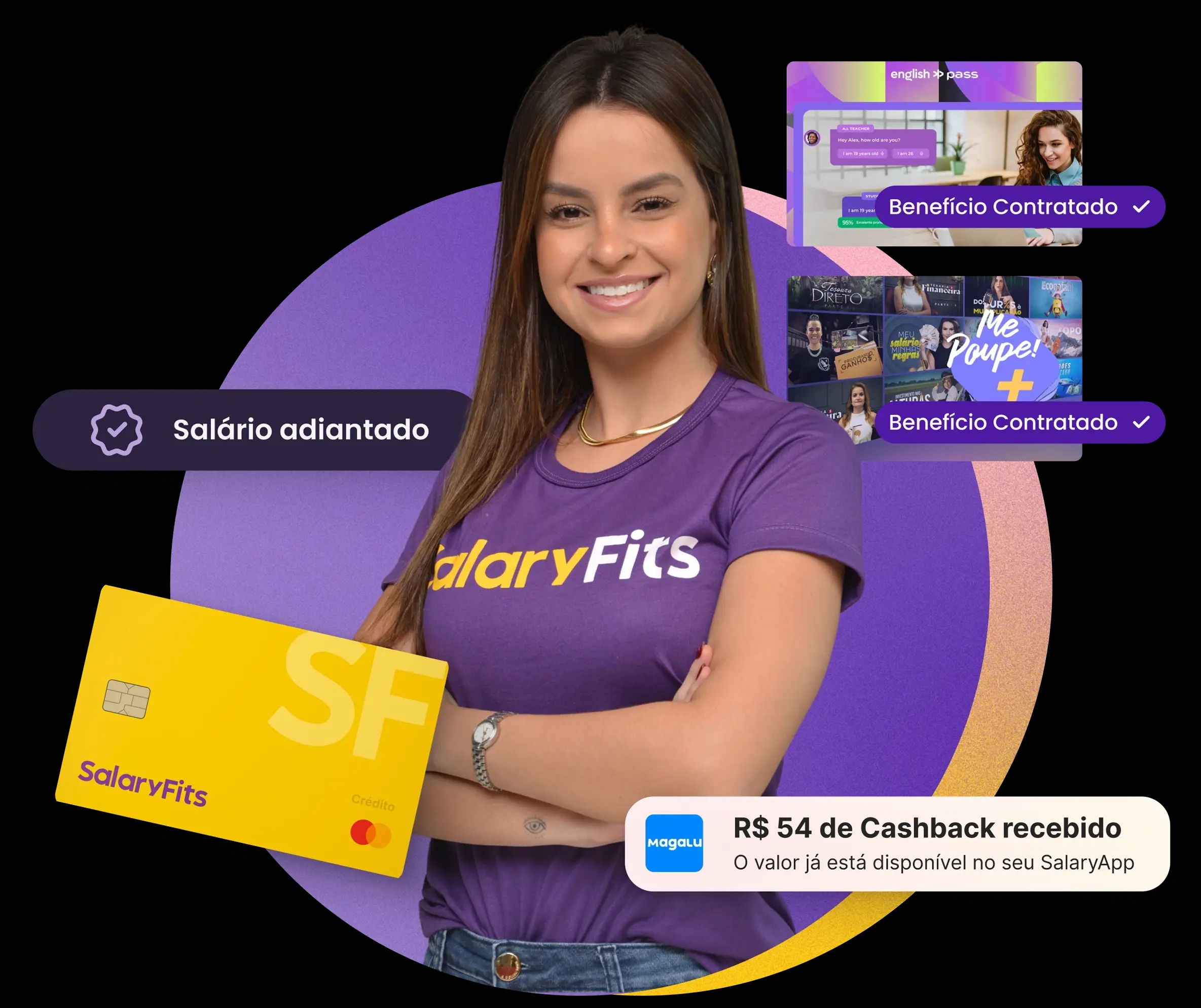 Foto de uma colaboradora com vários benefícios ao redor